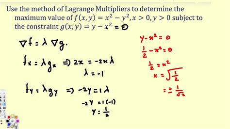 Lagrange multipliers Extreme values of a function subject to a constraint Discuss and solve an example where the points on an ellipse are sought that maximize and minimize the function f(x,y) := xy. The method of solution involves an application of Lagrange multipliers. Such an example is seen in 1st and 2nd year university mathematics. Lagrange …